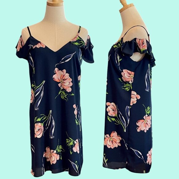 Pretty Tropical Fluttery Crepe Strap Cold Shoulder Navy Floral Mini Dress - Picture 1 of 8